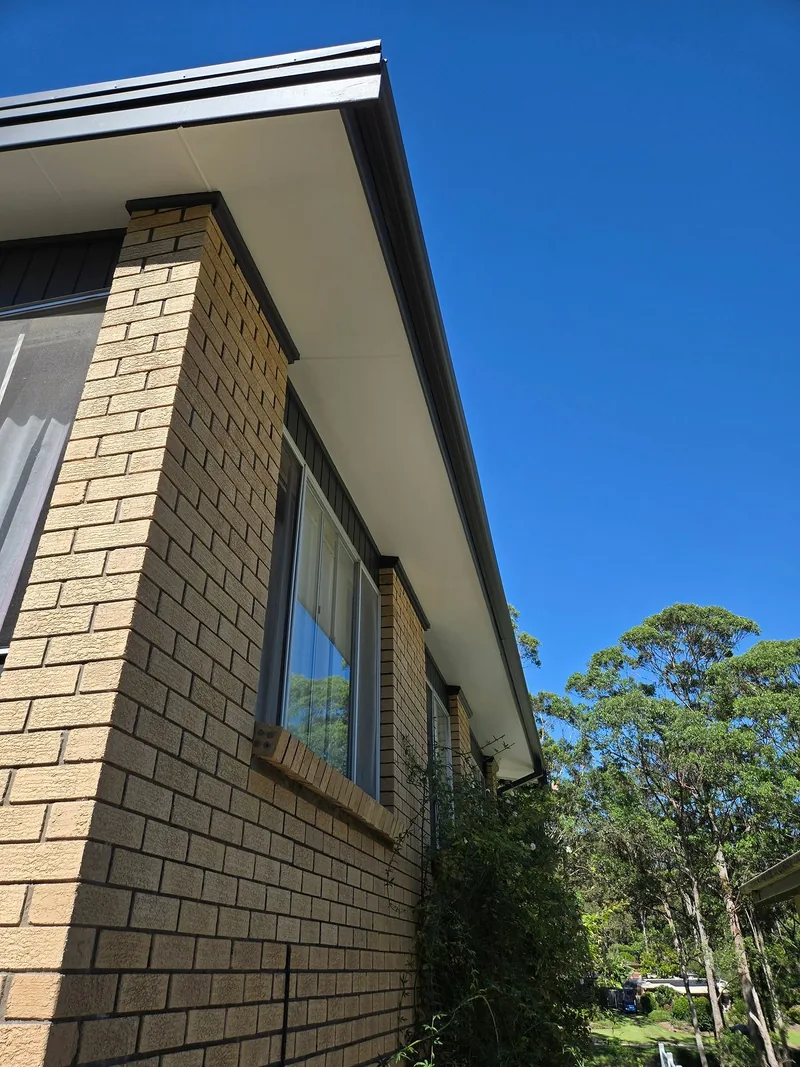 A painted eave and fascia line seen from below