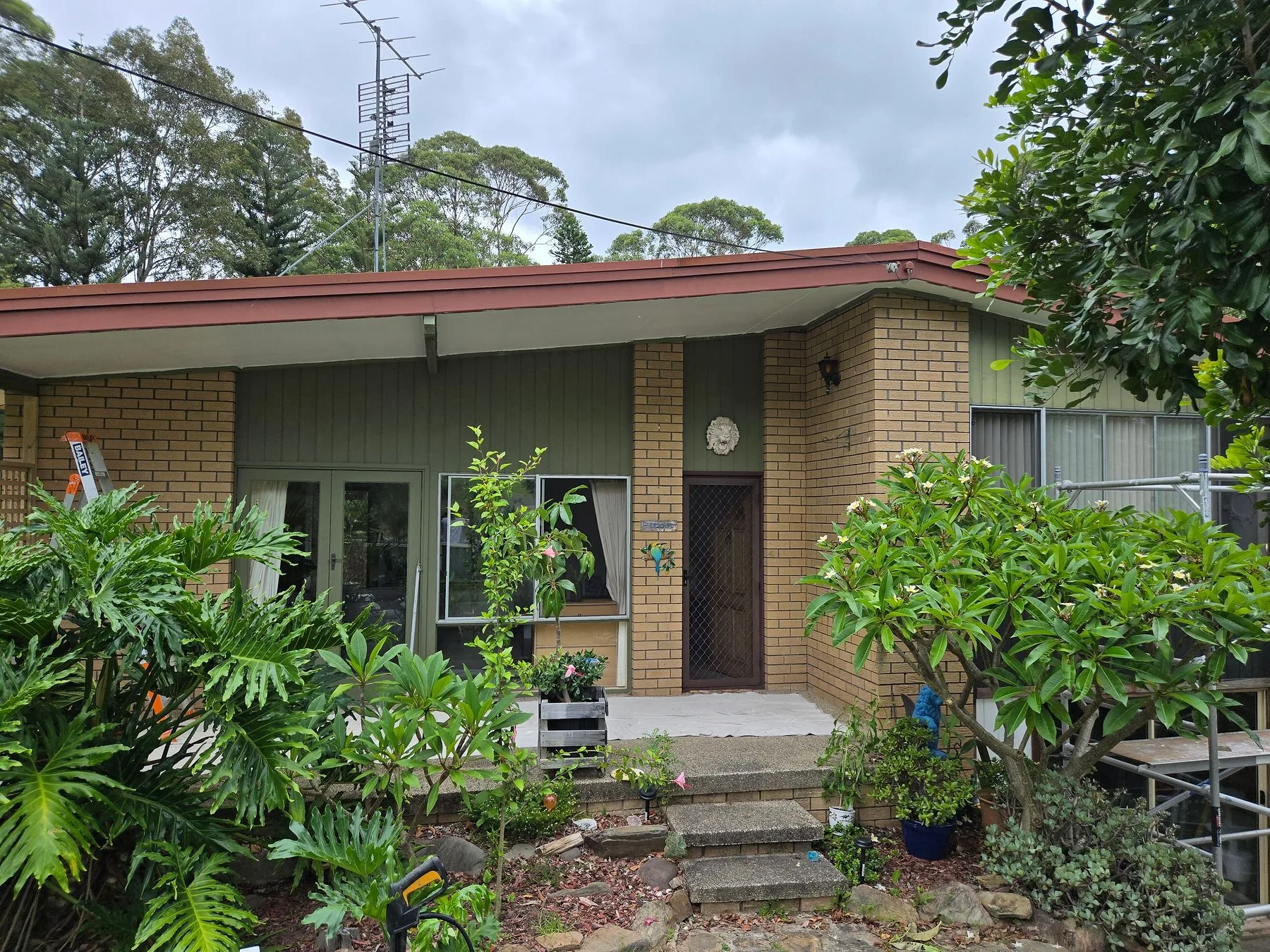 The same house from the same spot with faded red fascia and tired green cladding