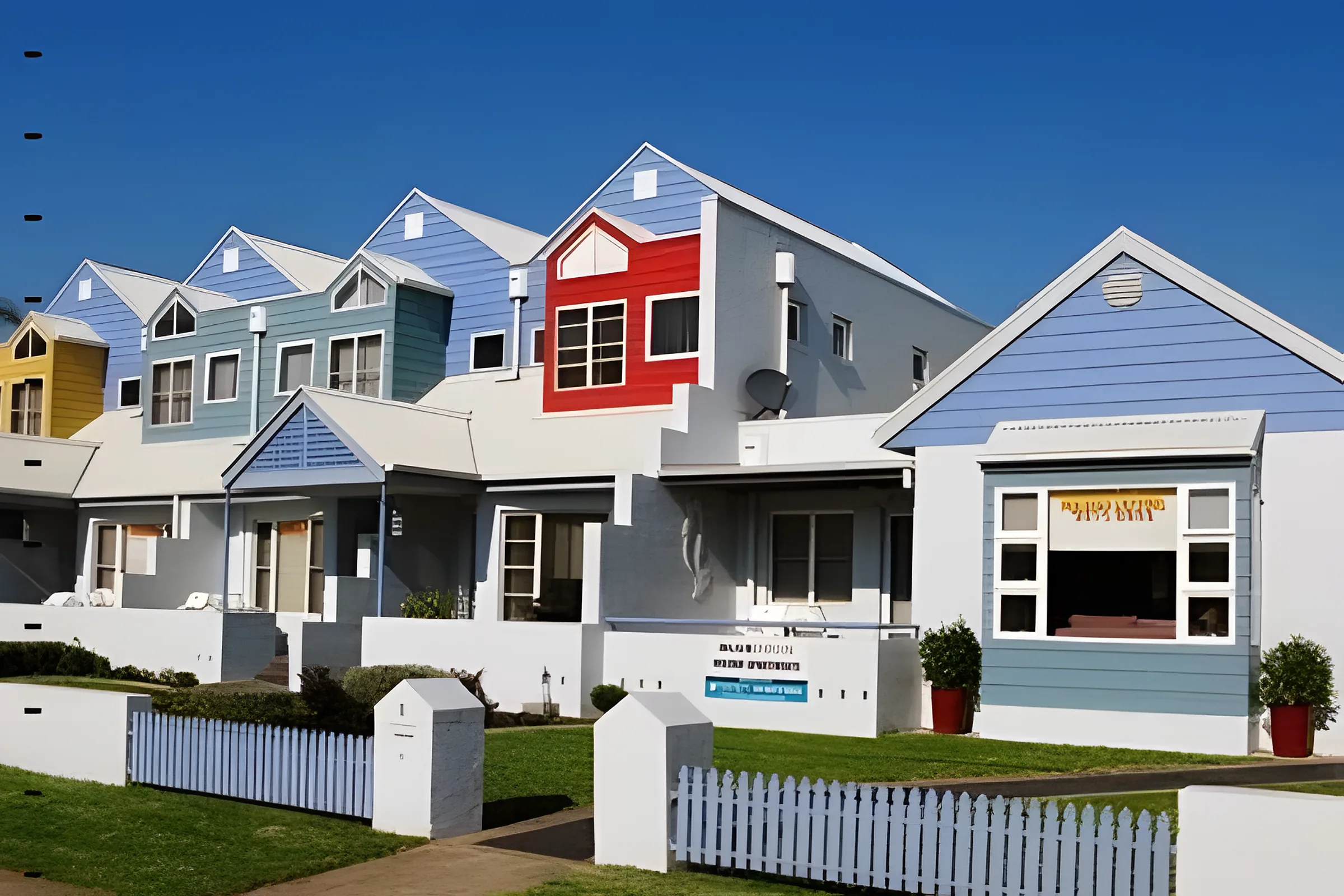 A street of coastal townhouses in blue, yellow, teal and red behind a white picket fence