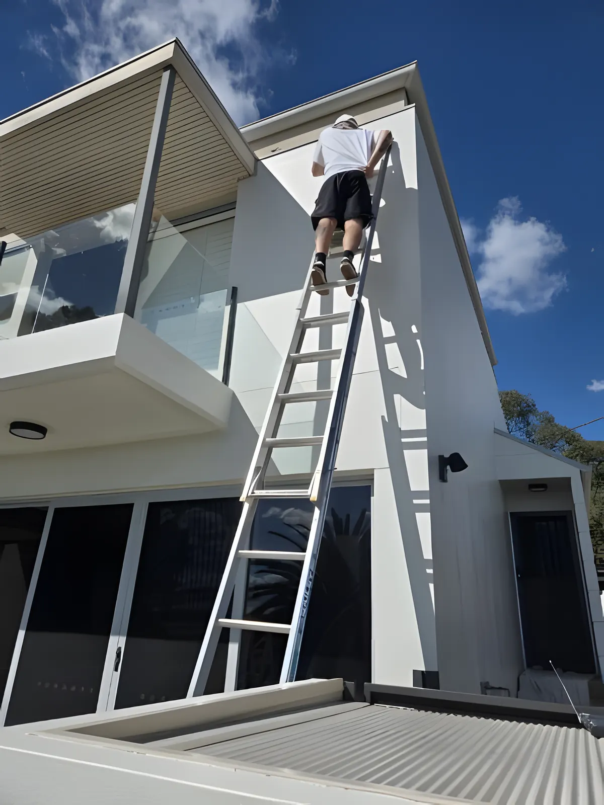 A painter up a ladder cutting in the top of a white two storey rendered wall